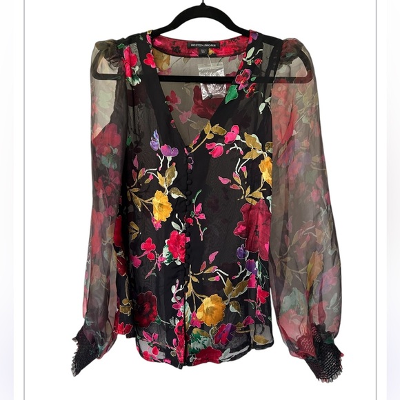 Boston Proper Floral Sheer Sleeve Organza Blouse New Excellent Size S - Picture 3 of 9